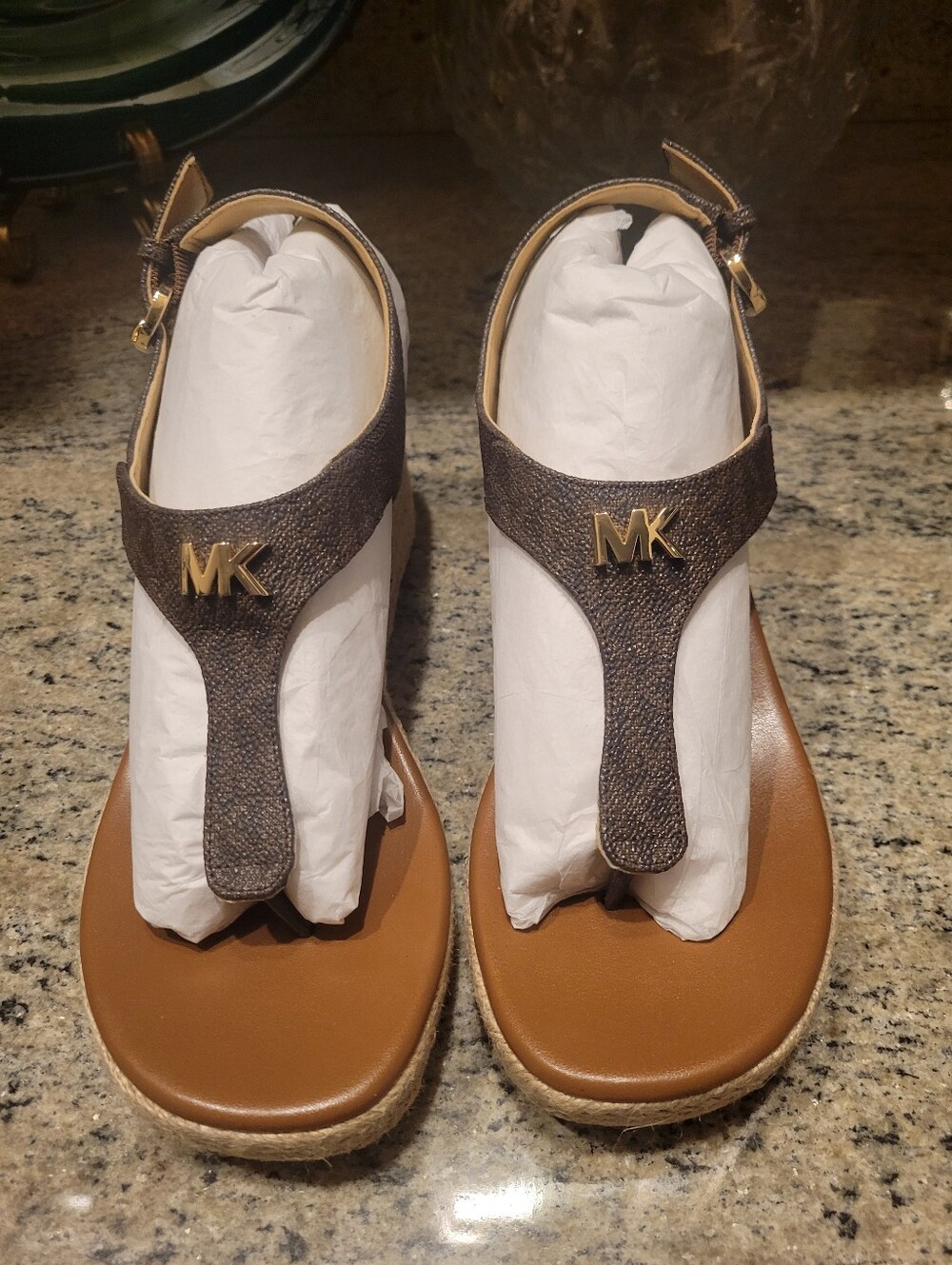 Michael Kors Brown & Tan MK T-Strap Wedge Sandals